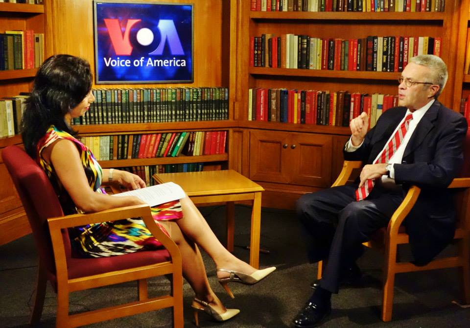 Richard Hoagland is interviewed by VOA journalist Navbahor Imamova. Photo from Hoagland's Facebook page. 