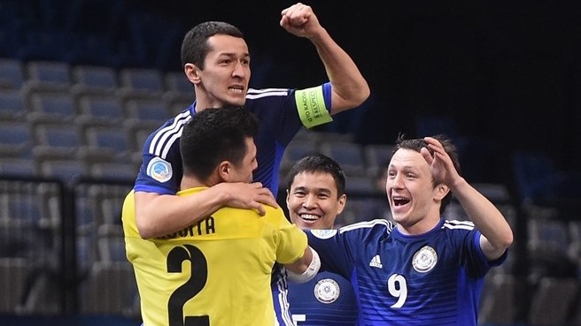Dinmukhambet Suleimenov (top) celebrates after scoring against Croatia. Photocredit: (C) Sportsfile