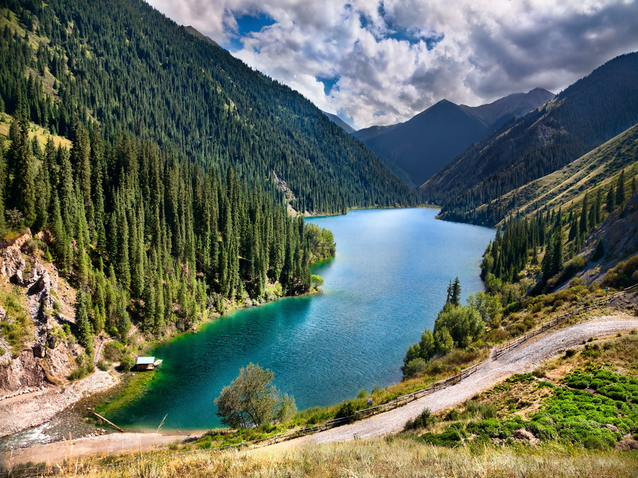 Beautiful view of high mountain lake Kolsai in Kazakhstan, central Asia