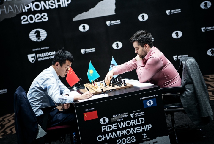 Russia's Ian Nepomniachtchi plays against China's Ding Liren during their  FIDE World Chess Championship in Astana, Kazakhstan, Saturday, April 29,  2023. Ian Nepomniachtchi and Ding Liren are facing off in the final